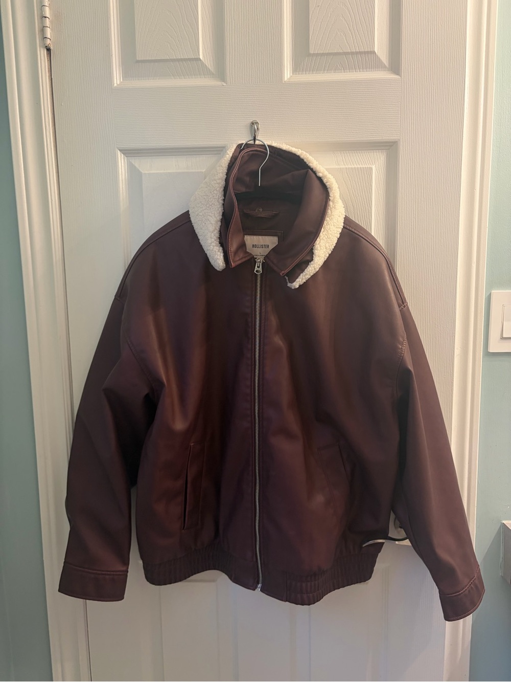Women’s Faux-Leather Bomber Jacket with Sherpa Collar - Burgundy